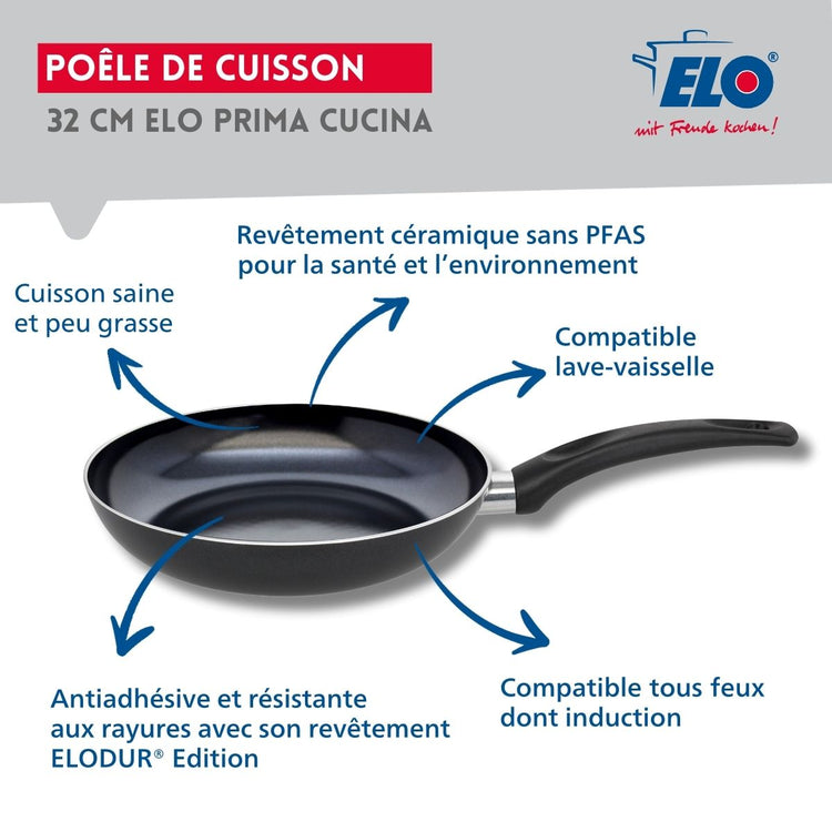 Set Poêle 32 cm céramique sans PFAS et couvercle Elo Prima Cucina