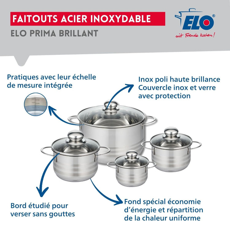 Ensemble de 2 Poêles de cuisson 24 et 28 cm et 4 faitouts 12, 14, 16 et 24 cm Elo Profi Brillant