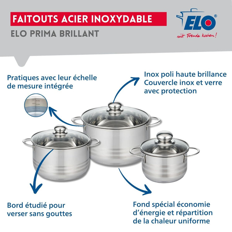 Ensemble de 2 Poêles de cuisson 28 et 32 cm et 3 faitouts 16, 20 et 24 cm Elo Profi Brillant