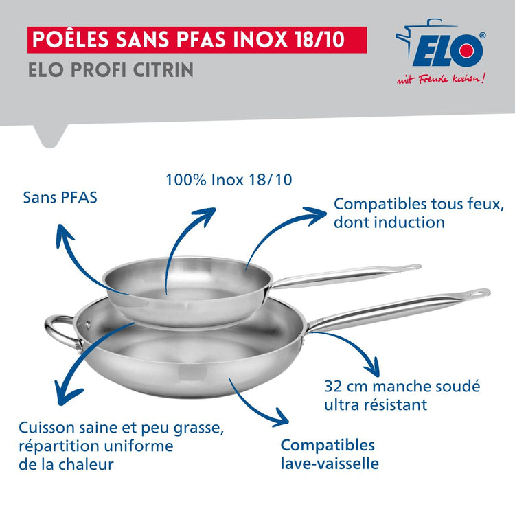 Ensemble de 2 Poêles de cuisson 24 et 32 cm et 2 faitouts 14 et 16 cm Elo Profi Brillant