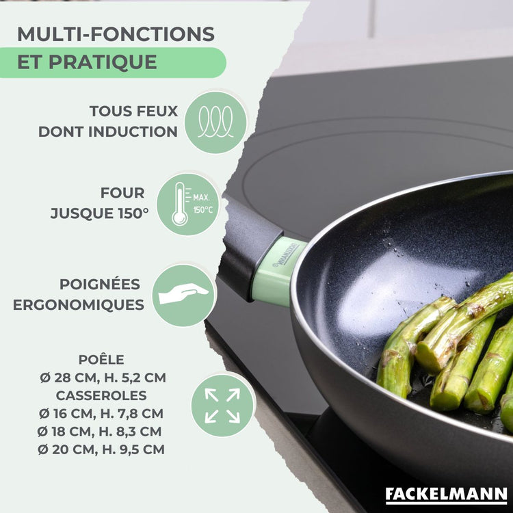 Batterie de cuisine avec 1 poêle 28 cm et 3 casseroles 16/18/20 cm et 5 ustensiles de cuisine Fackelmann Brandao Océan
