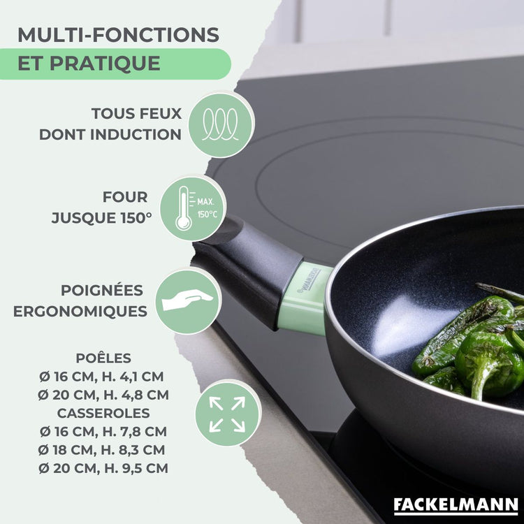 Batterie de cuisine avec 2 poêles 16/20 cm et 3 casseroles 16/18/20 cm et 5 ustensiles de cuisine sans PFAS Fackelmann Brandao Vario