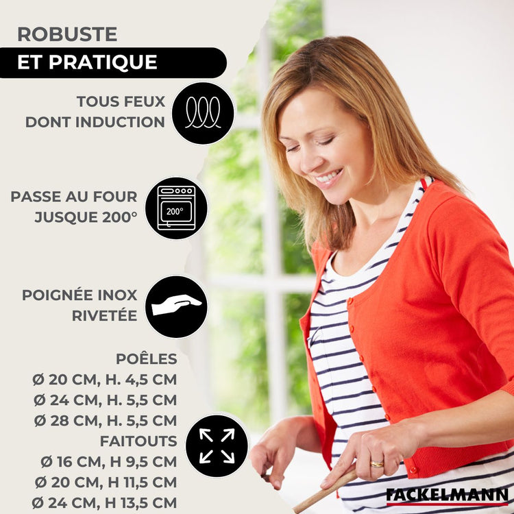 Batterie de cuisine avec 3 poêles 20/24/28 cm et 3 faitouts 16/20/24 cm en inox sans PFAS Fackelmann Eterna Brillant