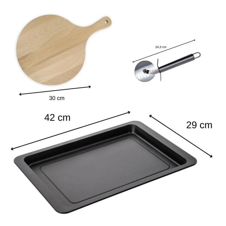 Ensemble pour pizza avec une plaque de cuisson four, 2 planches à pizza rondes et une roulette à pizza Fackelmann