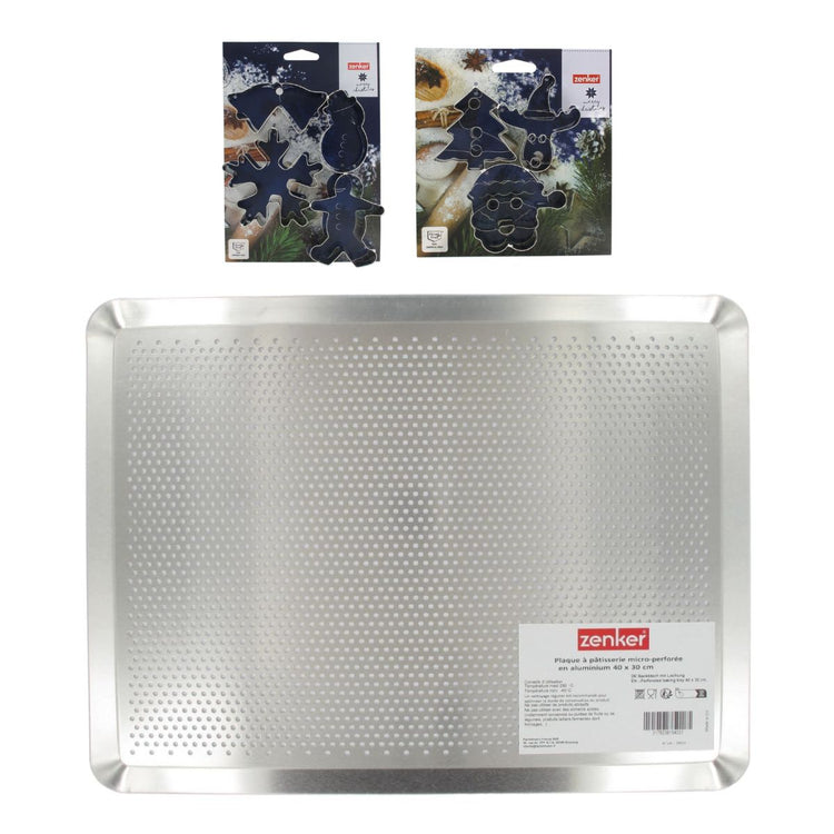 Plaque de cuisson four microperforée de 40 x 30 cm et 7 emporte-pièces de Noël inox Zenker Noël