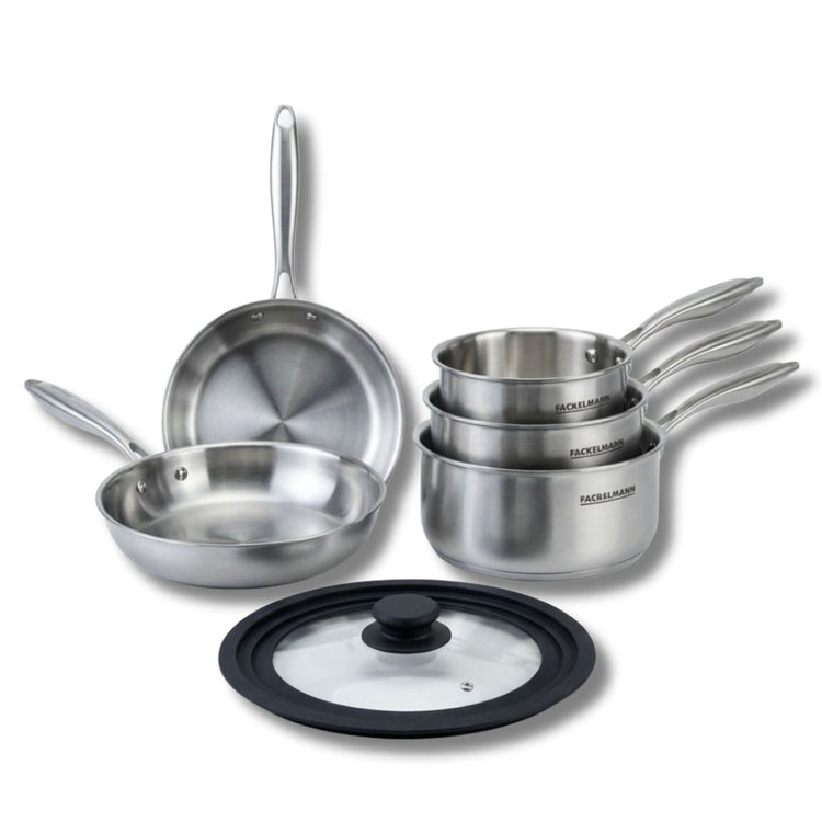 Batterie de cuisine avec 2 poêles 20/24 cm et 2 casseroles 14/18 cm avec 1 couvercle de cuisson universel sans PFAS Fackelmann Vita3
