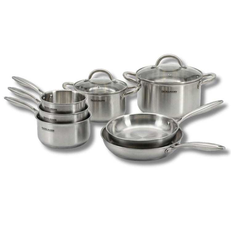 Batterie de cuisine avec 2 poêles 26/28 cm 3 casseroles 14/18 cm et 2 faitouts 20/24 cm en inox sans PFAS Fackelmann Vita3