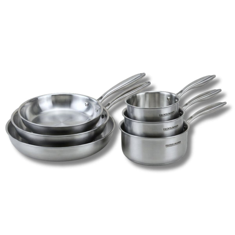 Batterie de cuisine avec 3 poêles 20/26/28 cm et 2 casseroles 14/18 cm en inox sans PFAS Fackelmann Vita3