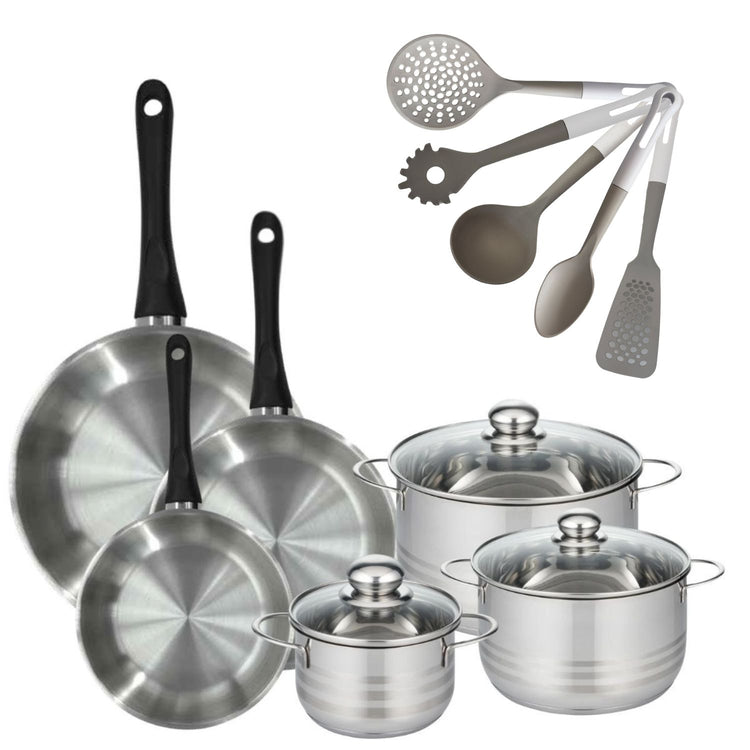 Lot 3 Poêles Inox 20/24/28cm Fackelmann Geneva & 3 Faitouts 16/20/24cm avec 5 Ustensiles Fackelmann