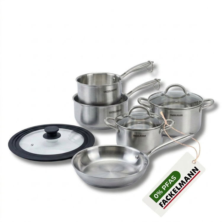 Poêle à Frire 28 cm, Casseroles 14 et 18 cm, Faitouts 20 24 cm inox 18/10 Triply et couvercle Fackelmann Vita3