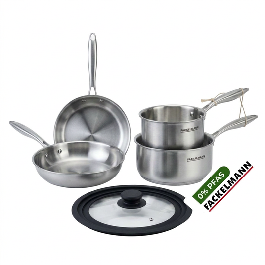 Batterie de cuisine avec 2 poêles 20/26 cm et 2 casseroles 14/18 cm avec 1 couvercle de cuisson universel sans PFAS Fackelmann Vita3