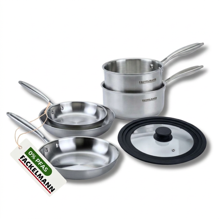 Batterie de cuisine avec 3 poêles 24/26/28 cm et 2 casseroles 14/18 cm avec 1 couvercle de cuisson universel sans PFAS Fackelmann Vita3