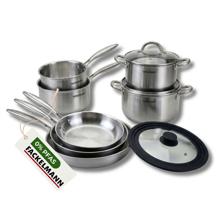 Batterie de cuisine avec 3 poêles 20/26/28 cm, 2 casseroles 14/18 cm et 2 faitouts avec 1 couvercle de cuisson universel Fackelmann Vita3