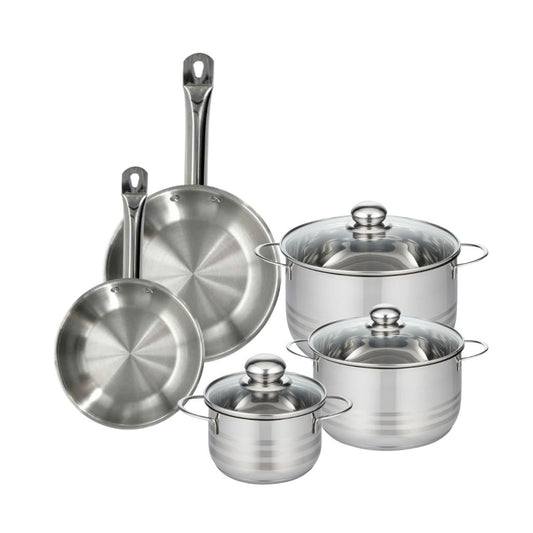 Set 2 poêles 20 24 cm en inox, 3 faitouts inox 16, 20 et 24 cm Fackelmann Eterna