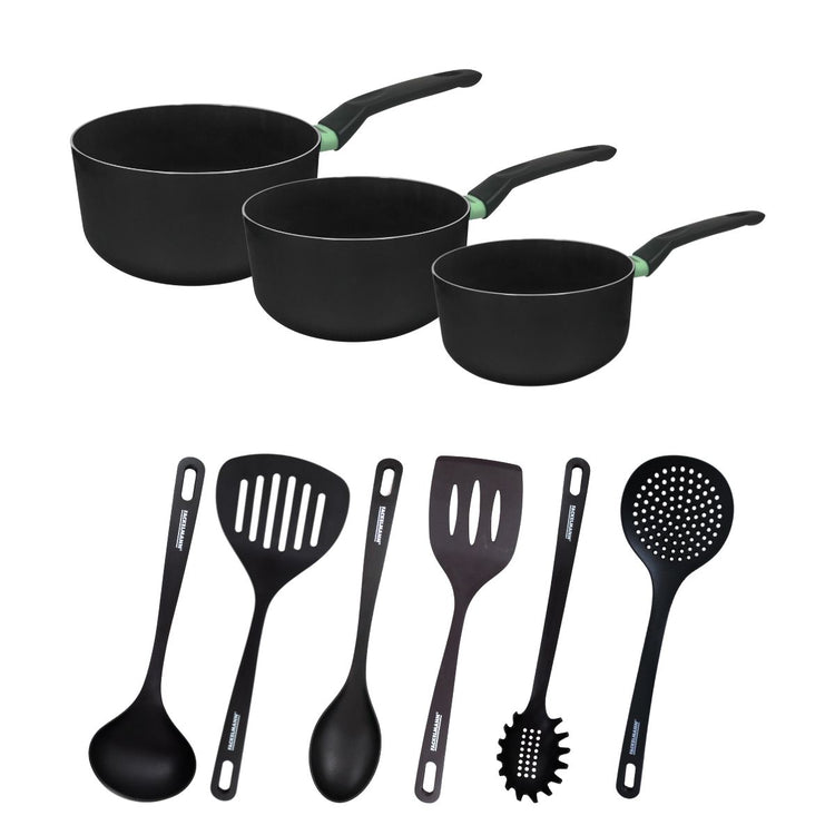 Set de 3 casseroles antiadhésives céramique 16, 18 et 20 cm et 6 ustensiles Fackelmann Brandao