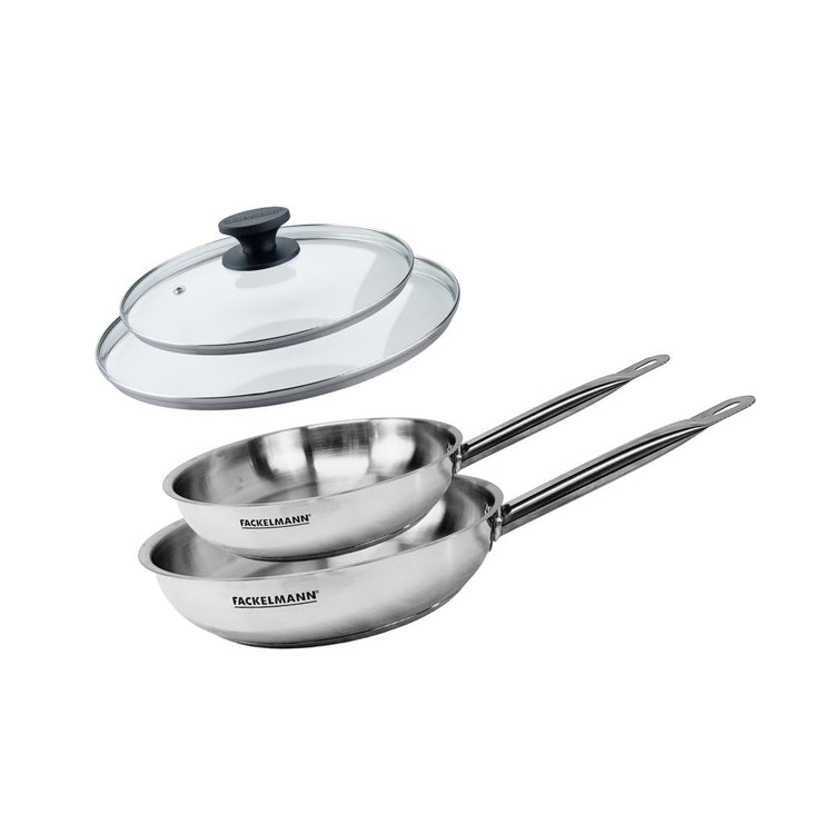 Set de 2 poêles 24 et 28 cm en inox et 2 couvercles en verre Fackelmann Eterna
