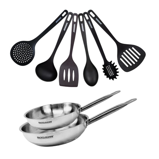 Set de 2 poêles 24 et 28 cm en inox et 6 ustensiles Fackelmann Eterna