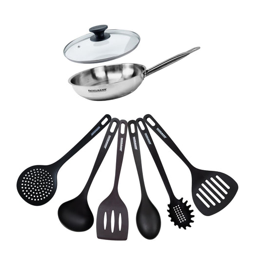 Set de 1 poêle de 20 cm en inox 1 couvercle en verre et 6 ustensiles Fackelmann Eterna
