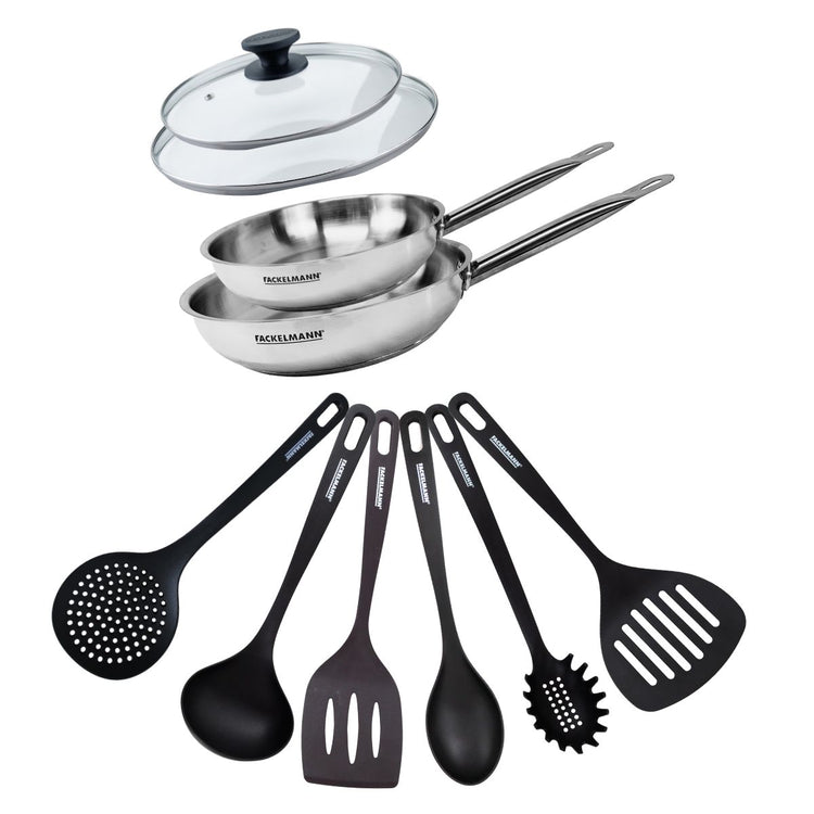 Set de 2 poêles de 20 et 24 cm en inox, 2 couvercles en verre et 6 ustensiles Fackelmann Eterna