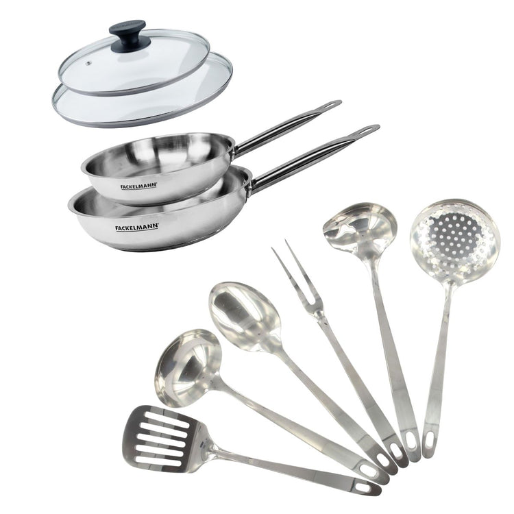 Set de 2 poêles 20 et 24 cm en inox, 2 couvercles verre et 6 ustensiles inox Fackelmann Eterna