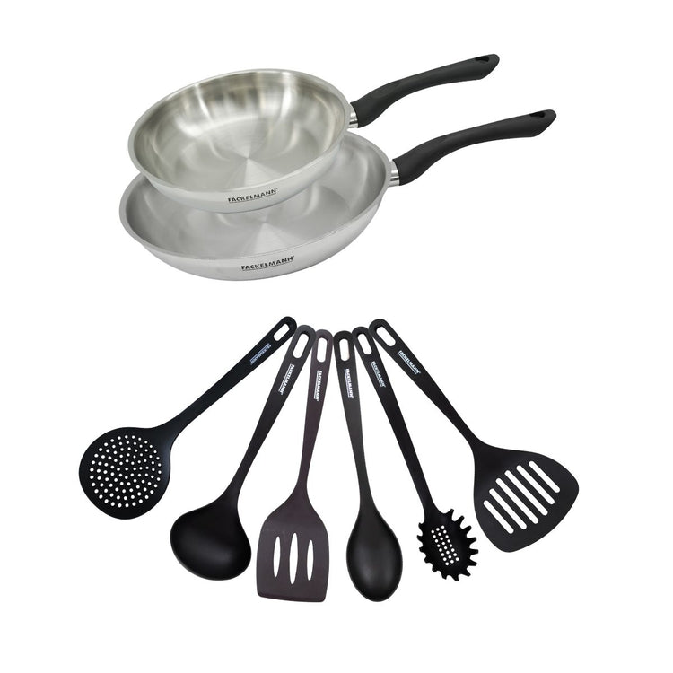 Set 2 poêles 24 et 28 cm en inox et 6 ustensiles Fackelmann Geneva