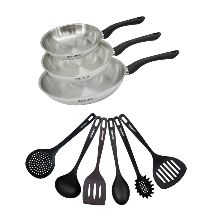 Set 3 poêles 20 24 et 28 cm en inox et 6 ustensiles Fackelmann Geneva