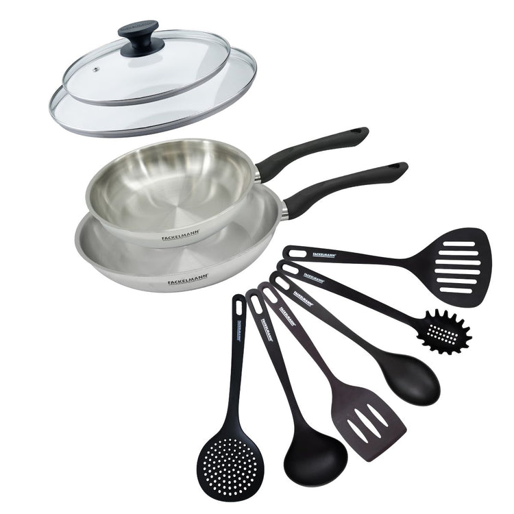 Set 2 poêles 24 et 28 cm en inox, couvercles verre et 6 ustensiles Fackelmann Geneva