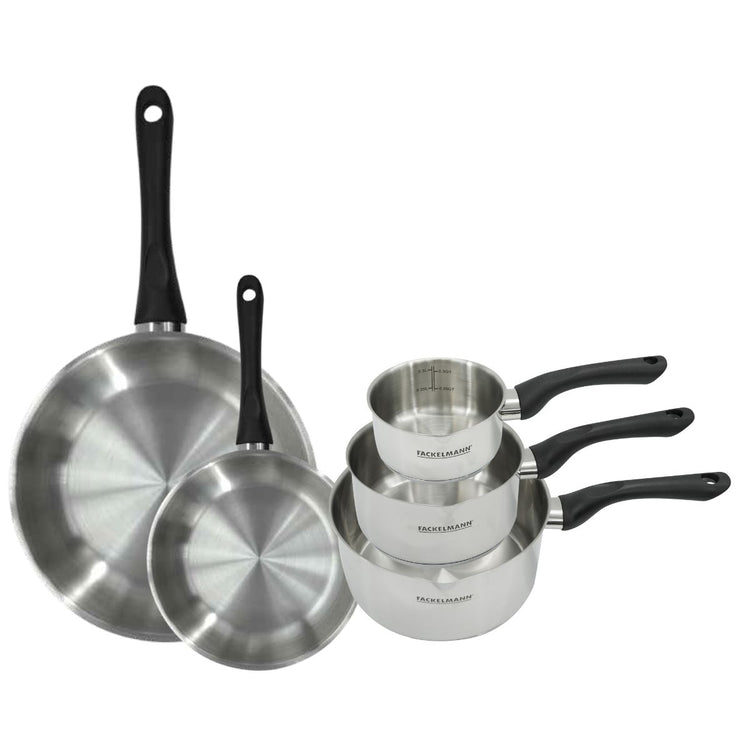 Set 2 poêles 20 et 28 cm et 3 casseroles 12 16 et 20 cm en inox Fackelmann Geneva