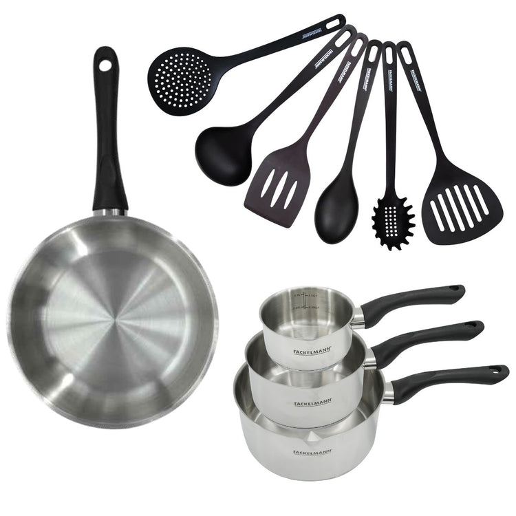 Set 1 poêle 28 cm 3 casseroles 12 16 et 20 cm en inox et 6 ustensiles Fackelmann Geneva