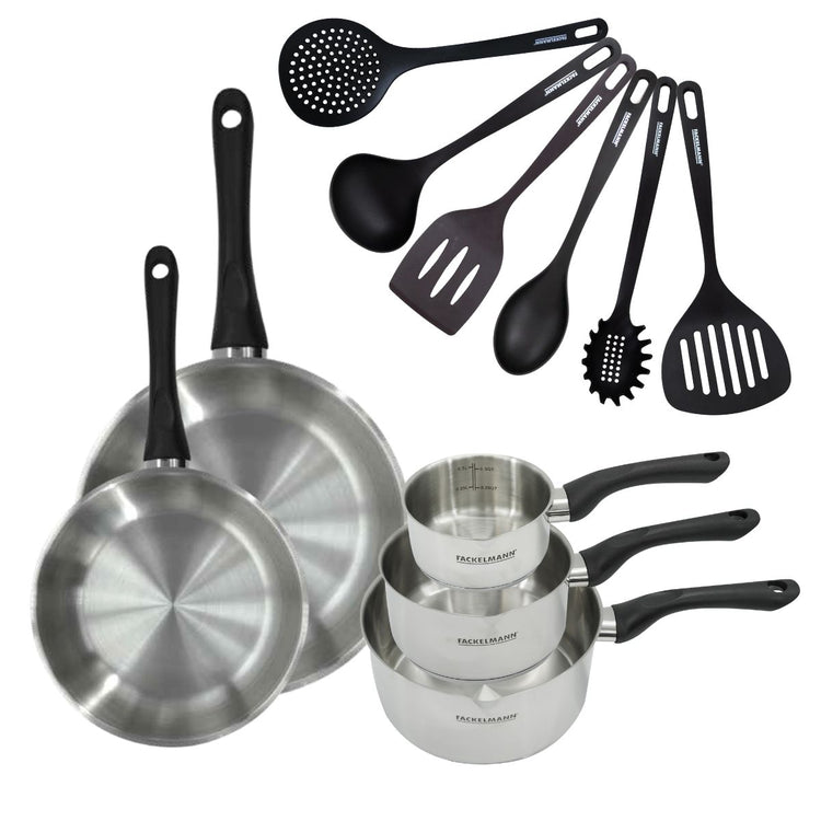 Set 2 poêles 24 et 28 cm 3 casseroles 12 16 et 20 cm en inox et 6 ustensiles Fackelmann Geneva