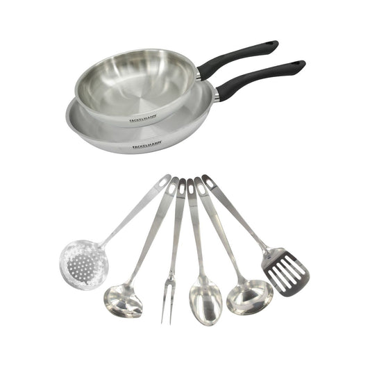 Set 2 poêles 20 et 28 cm en inox et 6 ustensiles inox Fackelmann Geneva