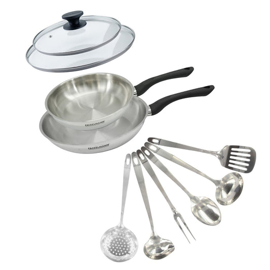 Set 2 poêles 24 et 28 cm en inox, couvercle verre et 6 ustensiles inox Fackelmann Geneva