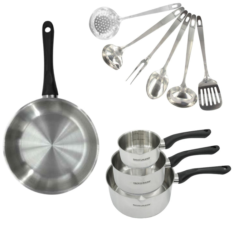 Set 1 poêle 28 cm, 3 casseroles en inox et 6 ustensiles inox Fackelmann Geneva