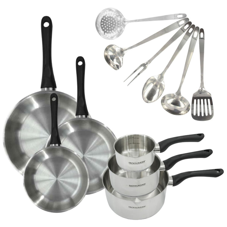 Set 3 poêles 20 24 et 28 cm, 3 casseroles en inox et 6 ustensiles inox Fackelmann Geneva