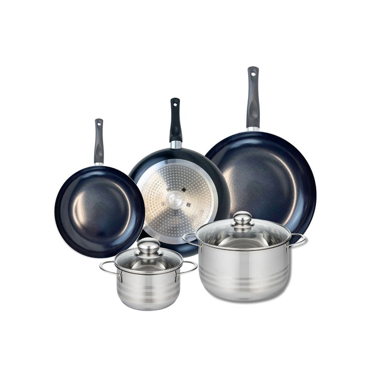 Ensemble de 3 Poêles de cuisson 20, 24 et 28 cm et 2 faitouts 14 et 20 cm Elo Prima Brillant