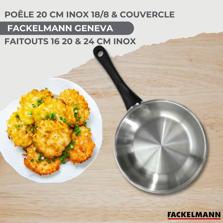 Batterie de cuisine avec 3 faitouts 16/20/24 cm et 1 poêle 20 cm avec 6 ustensiles de cuisine Fackelmann Généva Brillant Vario avec couvercles
