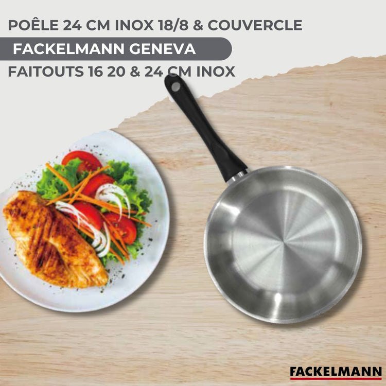 Batterie de cuisine Généva Brillant Vario : 3 faitouts 16/20/24 cm et 1 poêle 24 cm avec 6 ustensiles de cuisine couvercles inclus Fackelmann Généva Brillant Vario avec couvercles