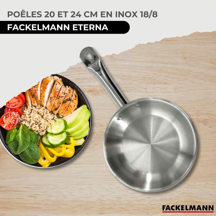 Set de 2 poêles 20 et 24 cm en inox et 2 couvercles en verre Fackelmann Eterna