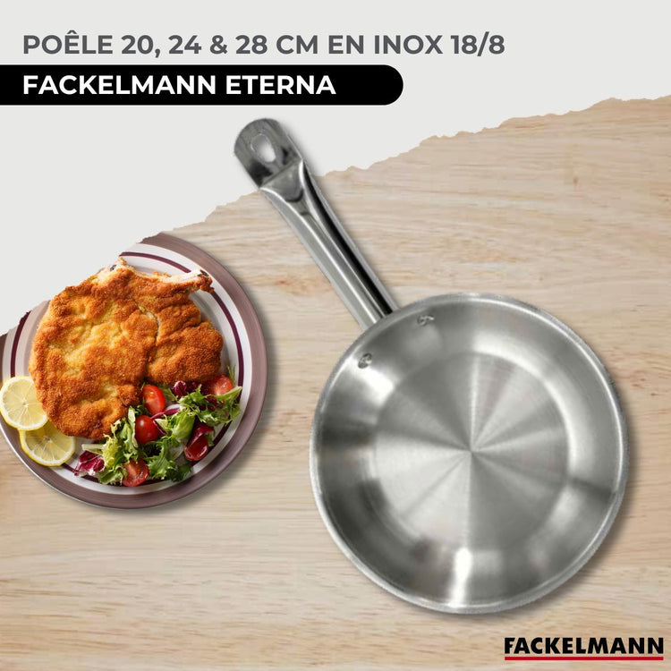Set de 3 poêles de 20 24 et 28 cm en inox, 3 couvercles en verre et 6 ustensiles Fackelmann Eterna