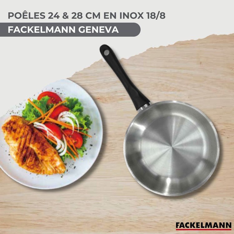 Set 2 poêles 24 et 28 cm en inox, couvercle verre et 6 ustensiles inox Fackelmann Geneva