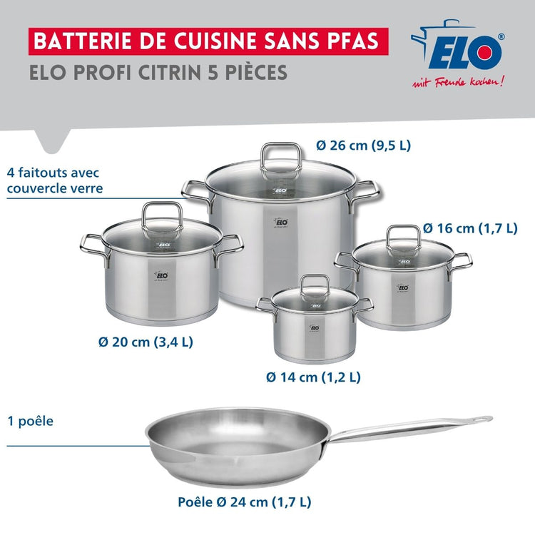 Ensemble de 1 Poêle de cuisson 24 cm et 4 faitouts 14, 16, 20 et 26 cm Elo Profi Citrin