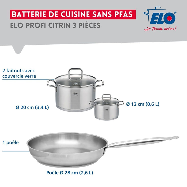 Ensemble de 1 Poêle de cuisson 28 cm et 2 faitouts 12 et 20 cm Elo Profi Citrin