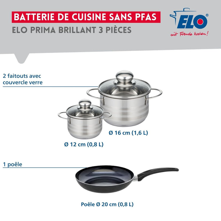 Ensemble de 1 Poêle de cuisson 20 cm et 2 faitouts 12 et 16 cm Elo Prima Brillant