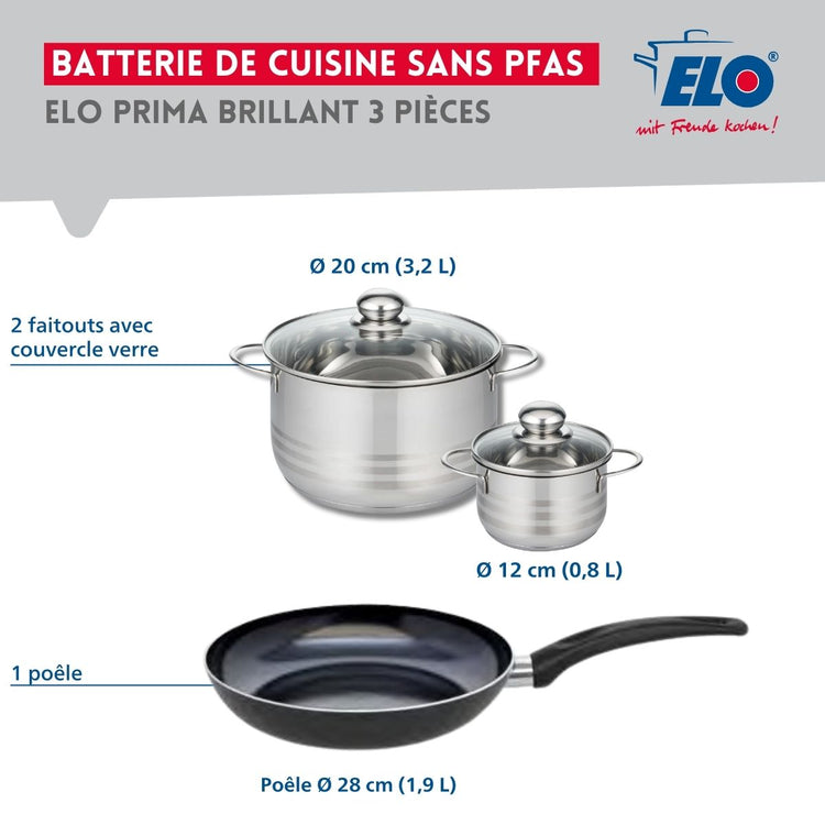 Ensemble de 1 Poêle de cuisson 28 cm et 2 faitouts 12 et 20 cm Elo Prima Brillant