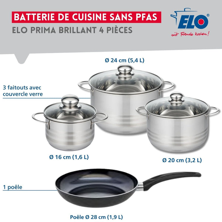 Ensemble de 1 Poêle de cuisson 28 cm et 3 faitouts 16, 20 et 24 cm Elo Prima Brillant