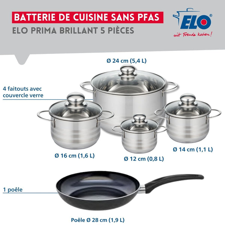 Ensemble de 1 Poêle de cuisson 28 cm et 4 faitouts 12, 14, 16 et 24 cm Elo Prima Brillant
