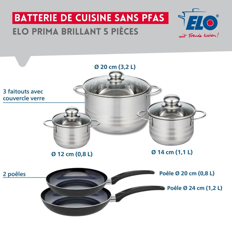 Ensemble de 2 Poêles de cuisson 20 et 24 cm et 3 faitouts 12, 14 et 20 cm Elo Prima Brillant