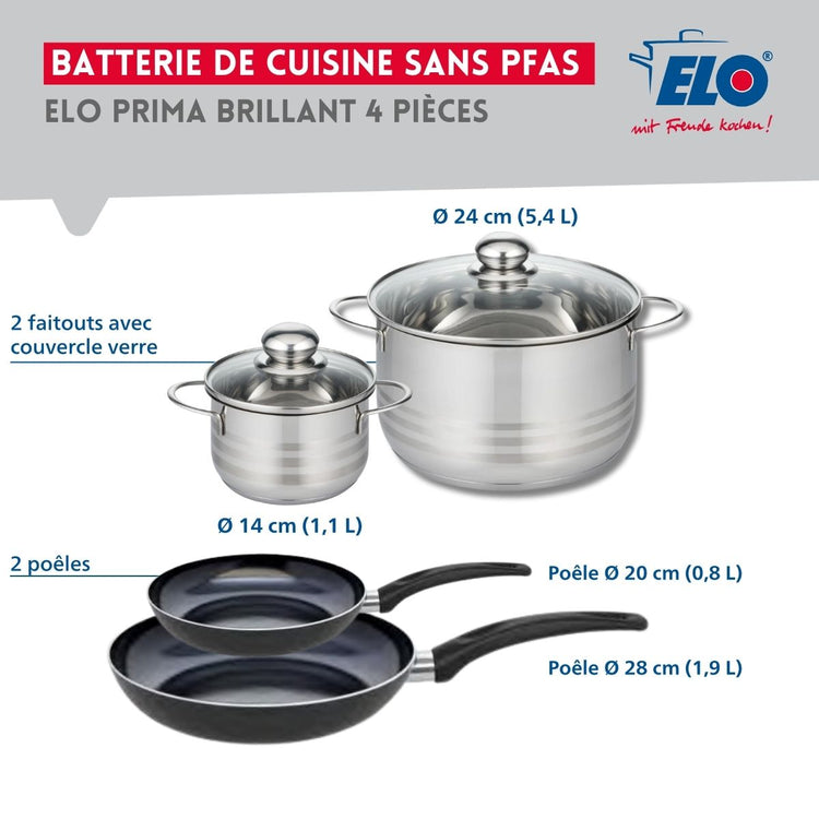 Ensemble de 2 Poêles de cuisson 20 et 28 cm et 2 faitouts 14 et 24 cm Elo Prima Brillant