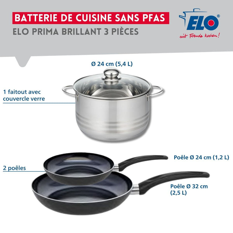 Ensemble de 2 Poêles de cuisson 24 et 32 cm et 1 faitout 24 cm Elo Prima Brillant