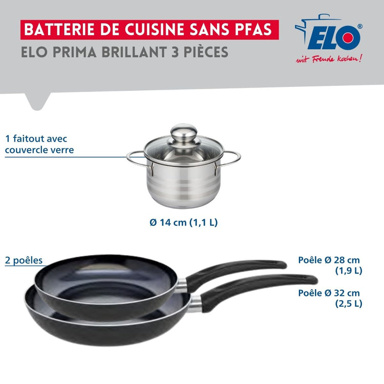 Ensemble de 2 Poêles de cuisson 28 et 32 cm et 1 faitout 14 cm Elo Prima Brillant
